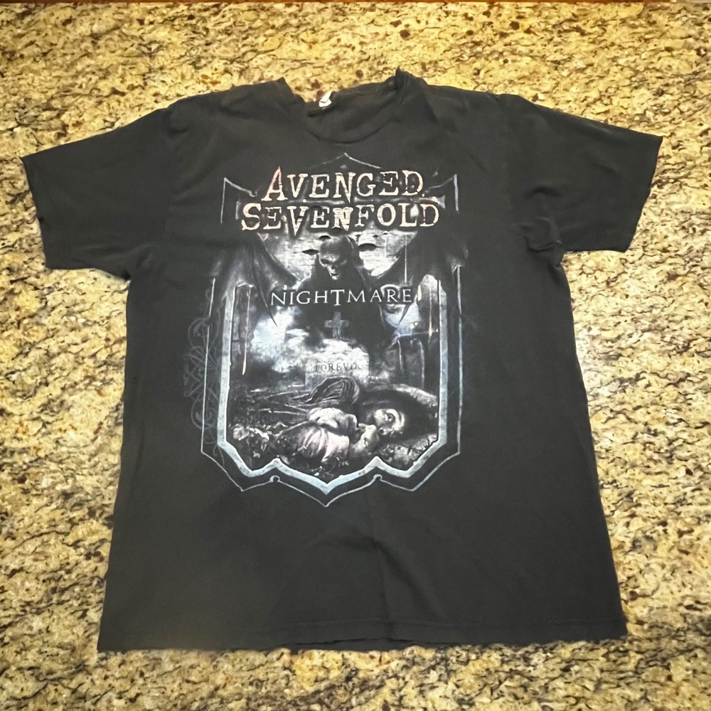 Avenged Sevenfold Nightmare Band T-Shirt Black Ringspun Cotton Mens L Distressed